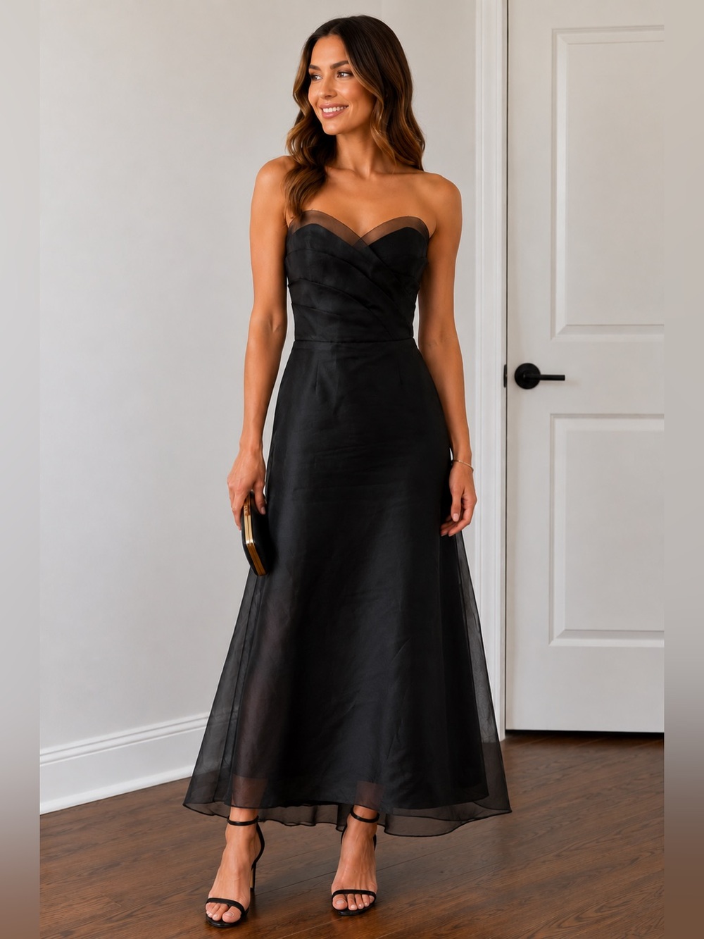 Elegant Strapless Black A-Line Midi Dress